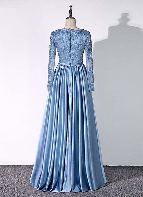 Blue Satin A-line Long Sleeves Party Dress, Blue Evening Gown Cutedressy Blue Satin A-line Long Sleeves Party Dress, Blue Evening Gown Cutedressy