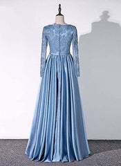 Blue Satin A-line Long Sleeves Party Dress, Blue Evening Gown