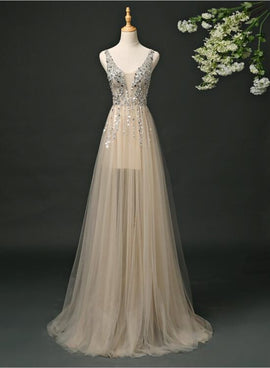 Champagne V-neckline Tulle Sequins Long Party Dress, A-line Formal Dress