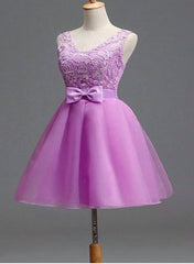 Light Purple Tulle and Lace Cute Party Dress with Bow, Lovely Tulle Party Dress with Lace-up Back