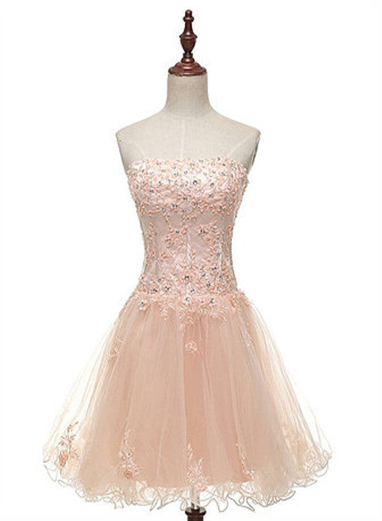 Tulle Pearl Pink Short Lace Applique Homecoming Dresses, Lovely Party Dress