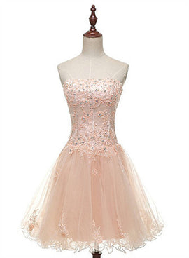 Tulle Pearl Pink Short Lace Applique Homecoming Dresses, Lovely Party Dress
