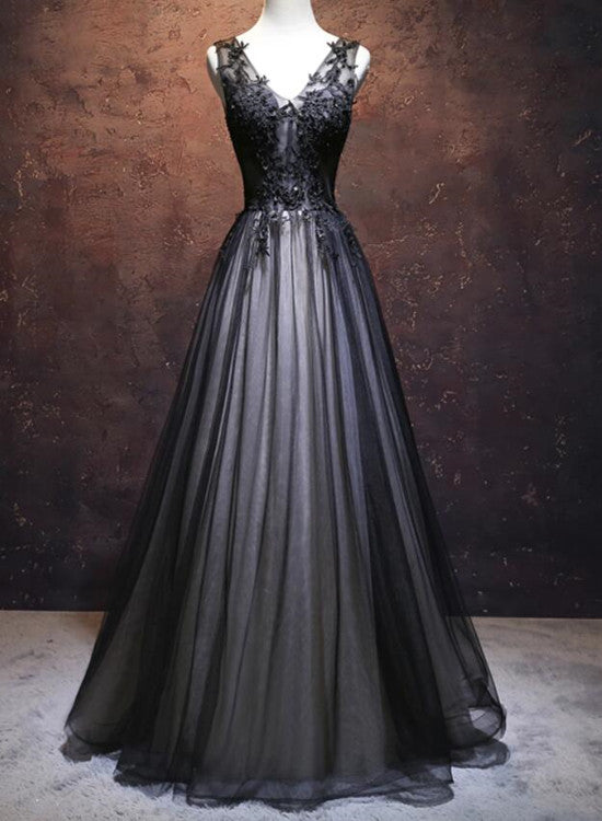 Black Prom Dress V-neckline Long , Black Party Dresses, Black Evening Dresses