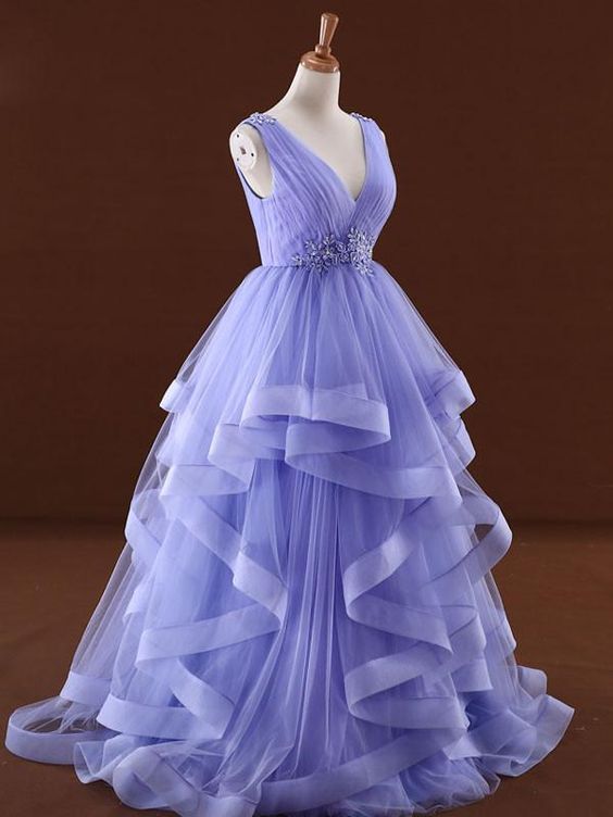 Lavender Tulle V-neckline Layers Long Sweet 16 Dress, Light Purple Prom Dress Party Dress