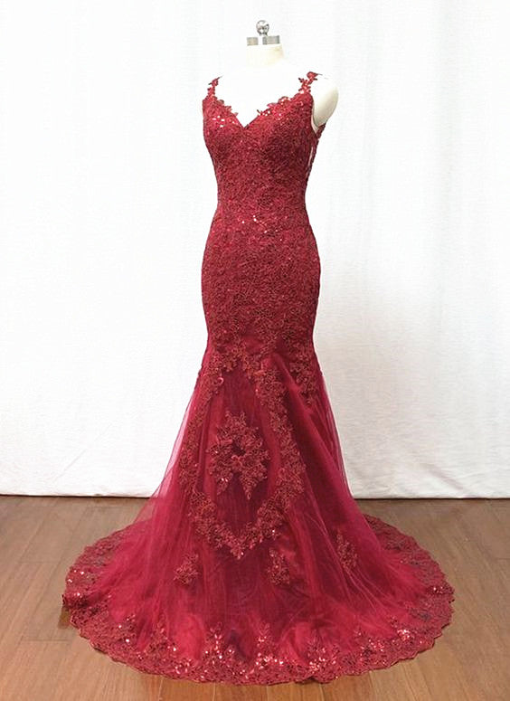 wine red mermaid prom dress