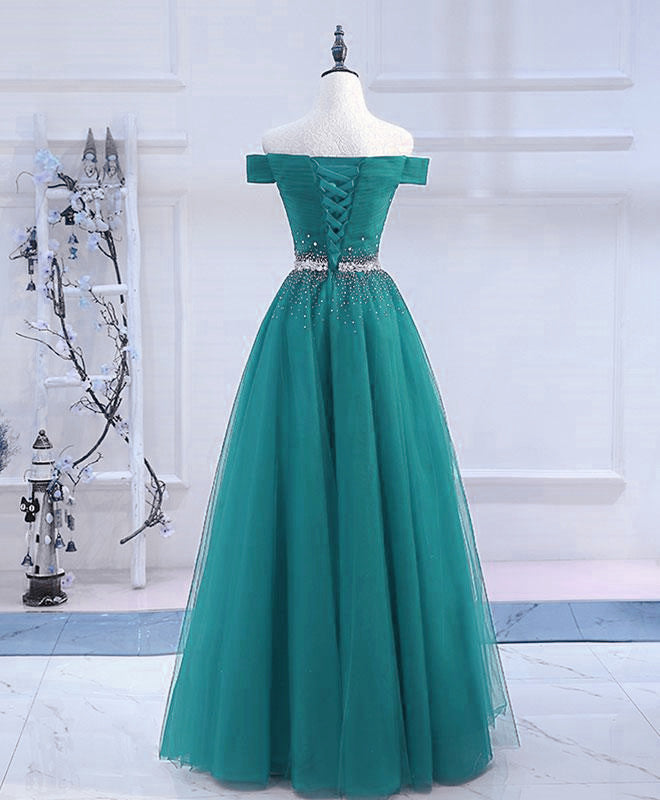 Pretty Hunter Green Off Shoulder Beaded Prom Dress, Long Evening Dress
