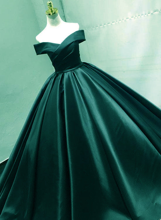 Green Satin Off Shoulder Prom Gowns, Prom Dress, Charming Party Gowns