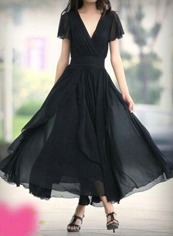 Black Chiffon Short Sleeves V-neckline Bridesmaid Dresses, Black Evening Dresses, Prom Dresses