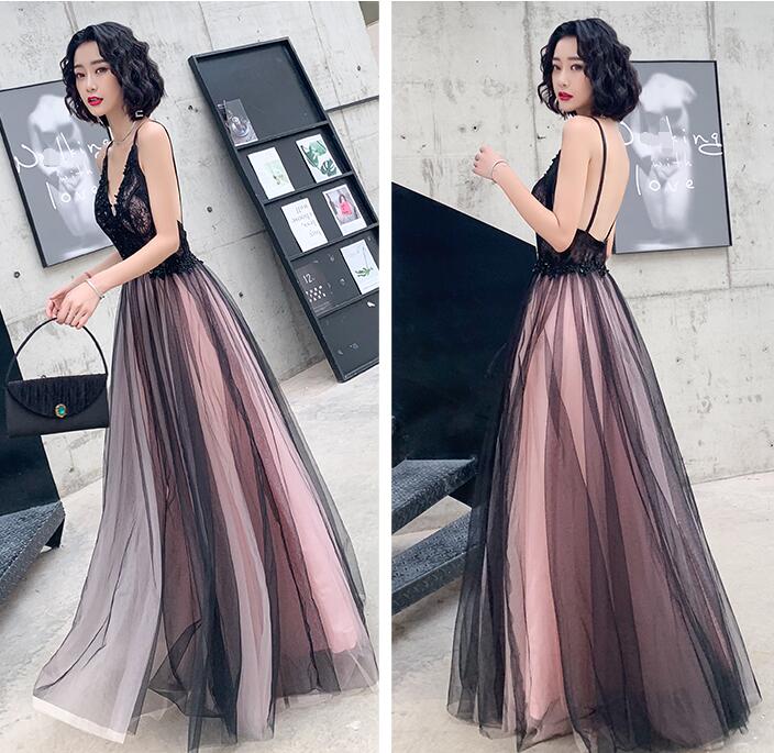 Fashionable Pink and Black Tulle V-neckline Party Dress, Pink Lace App Cutedressy Fashionable Pink and Black Tulle V-neckline Party Dress, Pink Lace App Cutedressy