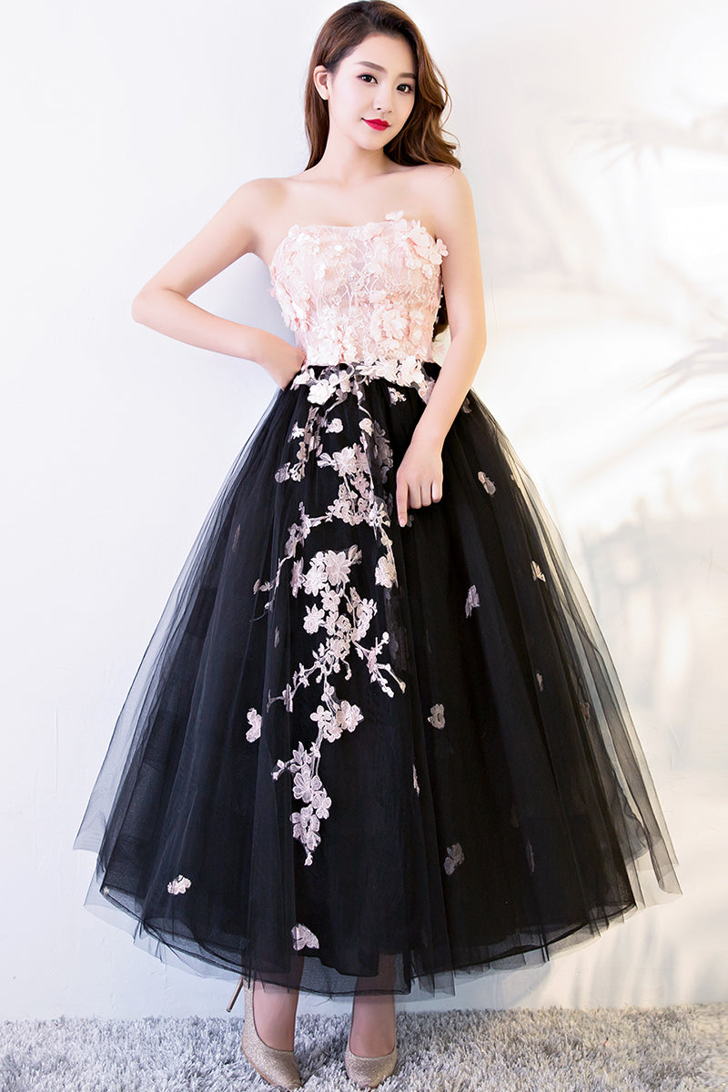 Black and Pink Tulle with Lace Flowers Formal Dress, High Quality Party Dress Formal Dress