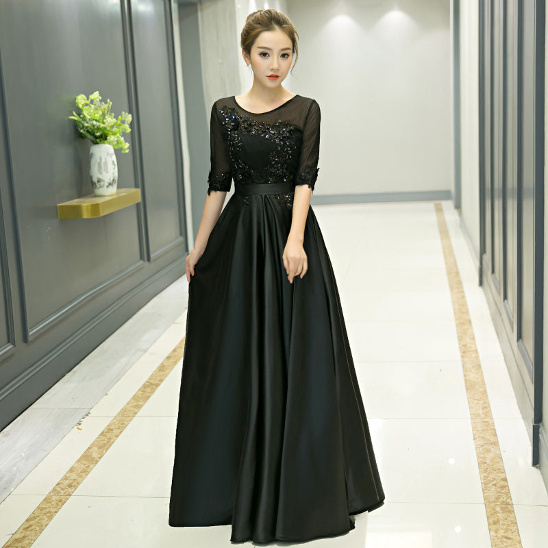 Black Satin Tulle Top Short Sleeves Bridesmaid Dress, Black Long Prom Cutedressy Black Satin Tulle Top Short Sleeves Bridesmaid Dress, Black Long Prom Cutedressy
