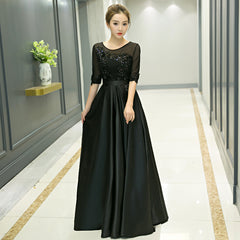 Black Satin Tulle Top Short Sleeves Bridesmaid Dress, Black Long Prom Dress Party Dress