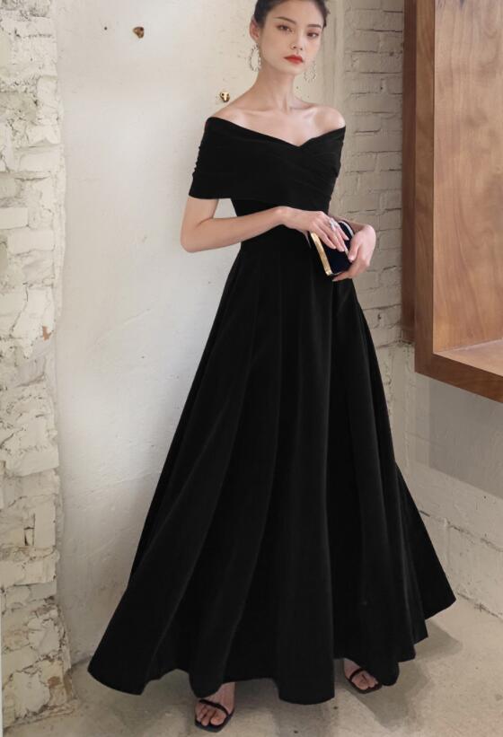 Black Velvet Elegant Lace-up Prom Dress, Black Off Shoulder Prom Dress