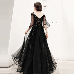 Black Floral Off Shoulder Floor Length Party Dress, Black Tulle Prom Dress Formal Dress
