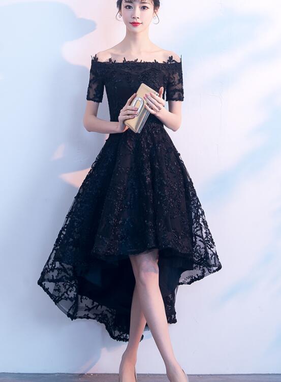 Lovely Black Lace Off Shoulder Bridesmaid Dress, Lace Off Shoulder Black Party Dress