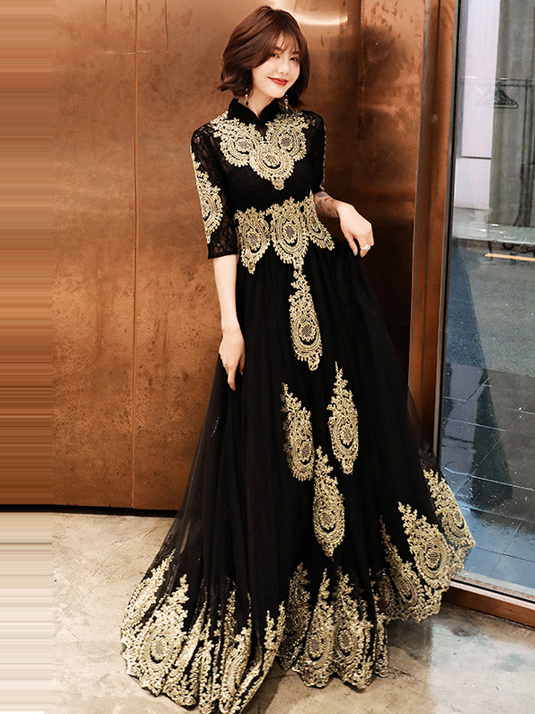 Black Tulle 1/2 Sleeves with Gold Lace Applique Party Dress, Charming Black Evening Dress Prom Dress