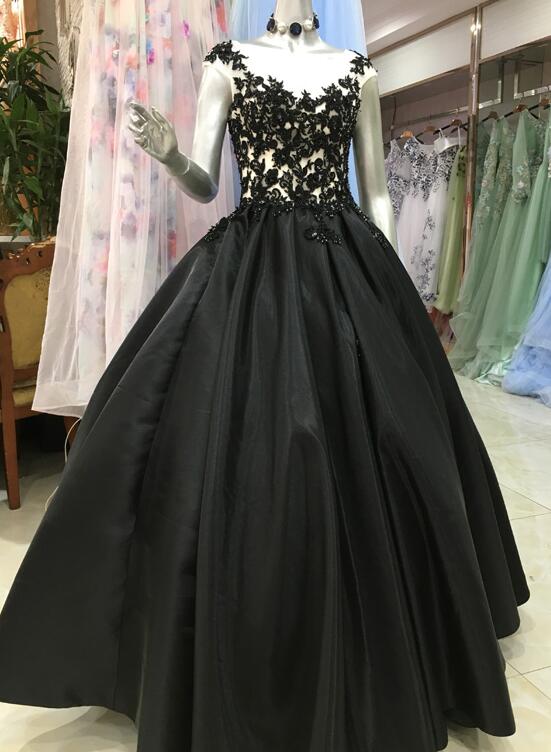 High Quality Satin with Lace Applique Round Neckline Formal Gown, Black Party Dresses Prom Dress