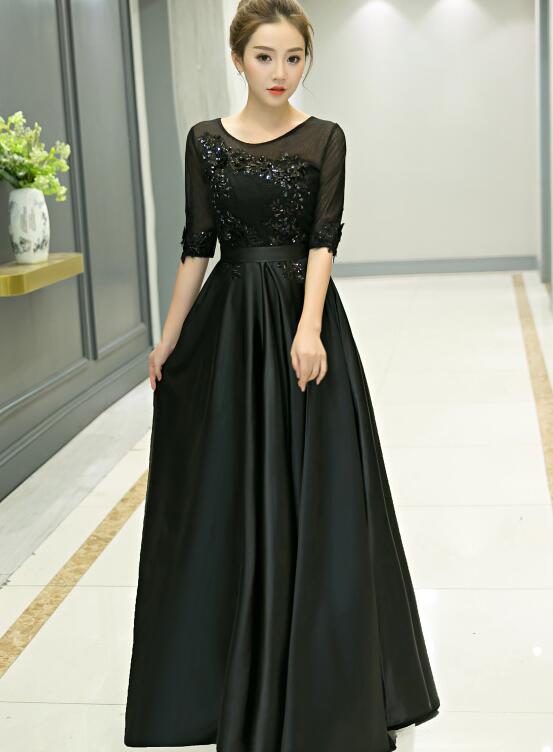 Black Satin Tulle Top Short Sleeves Bridesmaid Dress, Black Long Prom Dress Party Dress