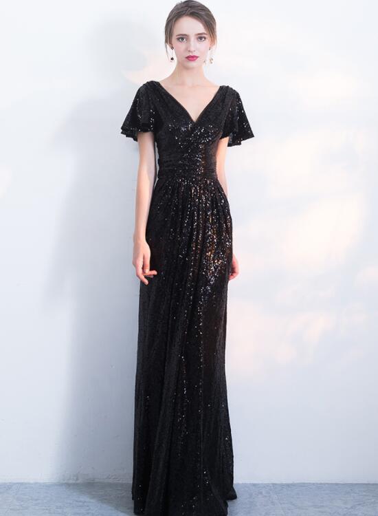 Black Sequins Cap Sleeves Long V-neckline Bridesmaid Dress, Sequins Junior Prom Dress