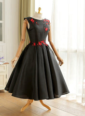 Black Vintage Style Tea Length Wedding Party Dress, Black Prom Dress Short Formal Dress