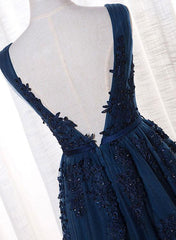 Navy Blue Elegant Prom Dresses, V-neckline Long Formal Dresses, Evening Gowns