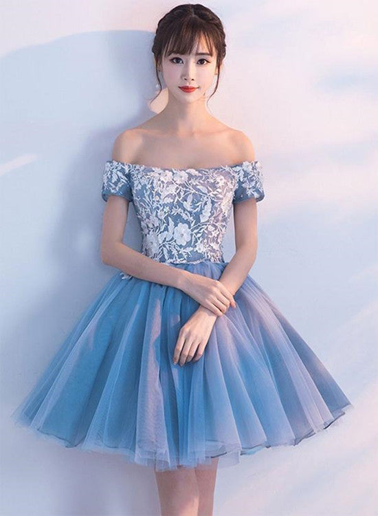 Blue Tulle Party Dress with White Lace, Off Shoulder New Style Homecoming Dresses
