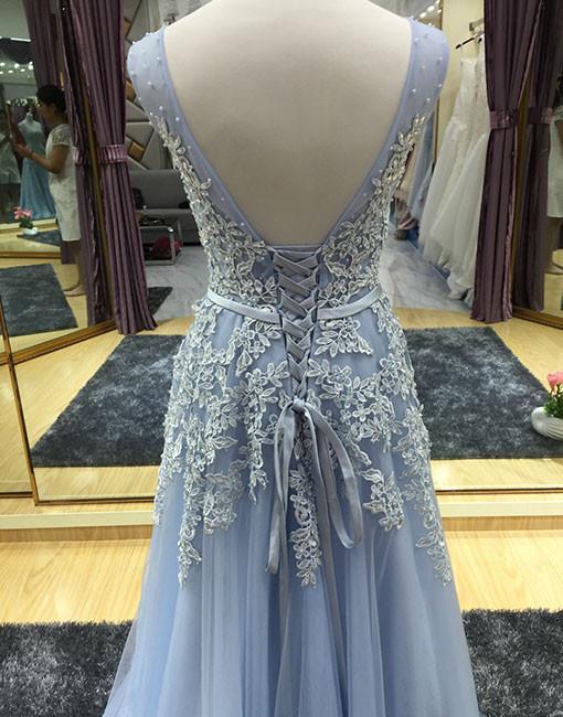 Light Blue V-neckline Long Prom Dress, Blue Junior Prom Dress