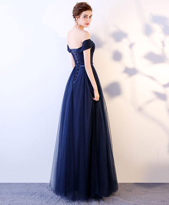 Navy Blue Tulle Prom Dress , Off Shoulder Prom Dress with Belt, Long F ...