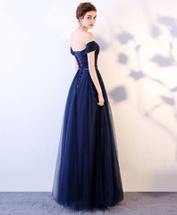 Navy Blue Tulle Prom Dress , Off Shoulder Prom Dress with Belt, Long Formal Dress