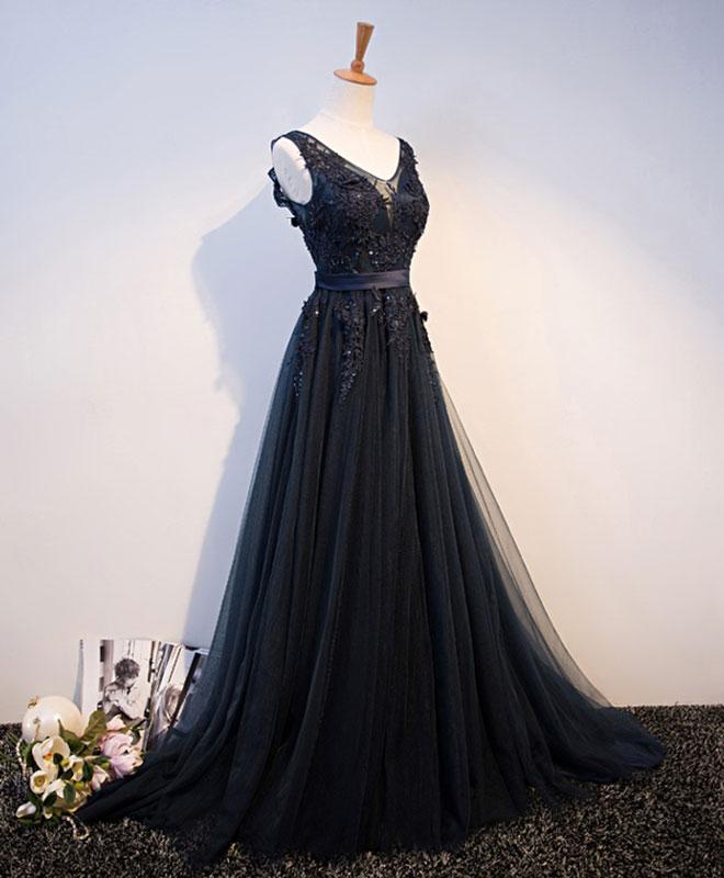 Navy Blue Long V-neckline Floor Length Handmade Formal Gowns, Blue Wedding Formal Dresses, Evening Gowns