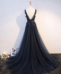 Navy Blue Long V-neckline Floor Length Handmade Formal Gowns, Blue Wedding Formal Dresses, Evening Gowns