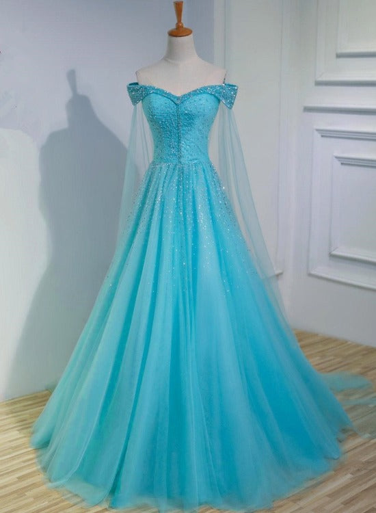 Blue Beaded Sweetheart Tulle Long Evening Dress Sweet 16 Dress, Blue Prom Dress 
