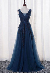 Navy Blue Elegant Prom Dresses, V-neckline Long Formal Dresses, Evening Gowns