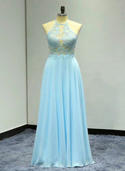 Light Blue Floor Length Halter Beaded Backless Party Dresses, A-line Formal Dresses