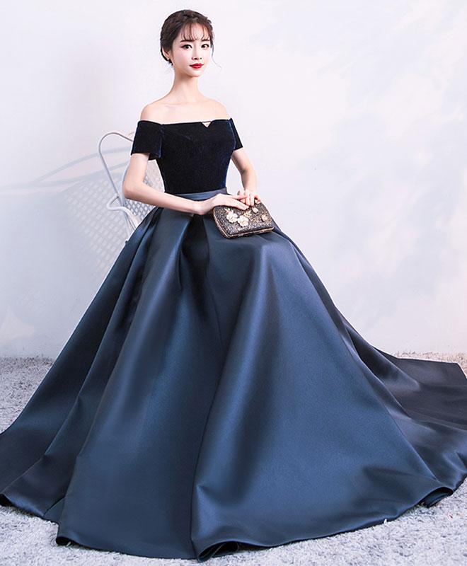 Elegant Velvet and Satin Off Shoulder Floor Length Party Dress, Blue Evening Gowns, Party Dress