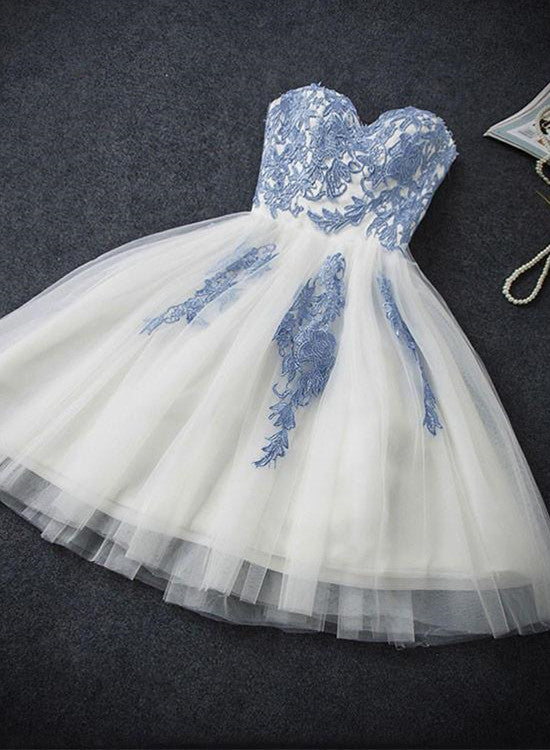 Short White Tulle with Blue Applique Junior Prom Dresses, Lovely Homec – Cutedressy