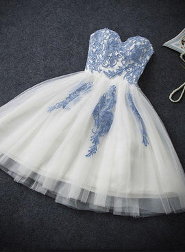 Short White Tulle with Blue Applique Junior Prom Dresses, Lovely Homecoming Dresses, Formal Dresses