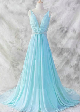 Charming Blue Gorgeous V-neckline Long Party Gowns, Elegant Prom Dresses, Blue Evening Dresses