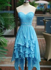 Blue High Low Beaded Lovely Homecoming Dresses, Blue Short Prom Dresses, Party Dresses
