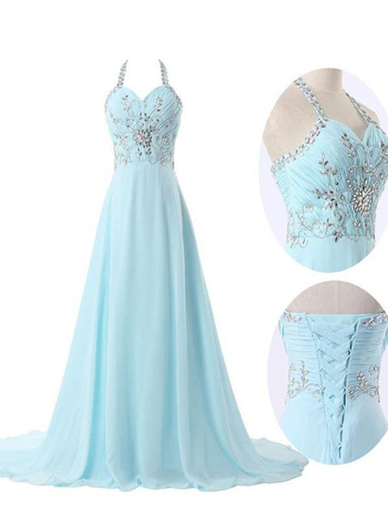 Mint Blue Halter Long Prom Dresses , Junior Prom Dress, Cute Beaded Formal Dresses