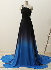 One Shoulder Beaded Chiffon Gradient Long Party Dress, Blue Formal Dress, Prom Dress