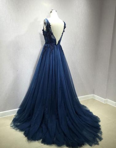 Dark Blue V Back Tulle Prom Gowns, Party Dresses, Formal Gowns