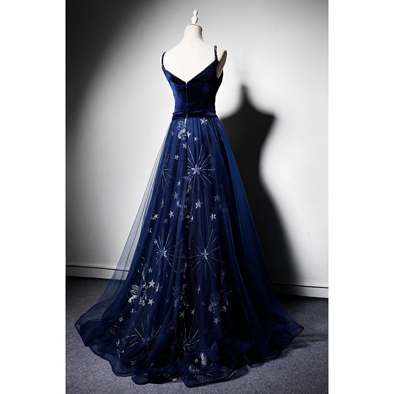 Beautiful Navy Blue Straps Velvet Long Prom Dress, Tulle Blue Evening Gown