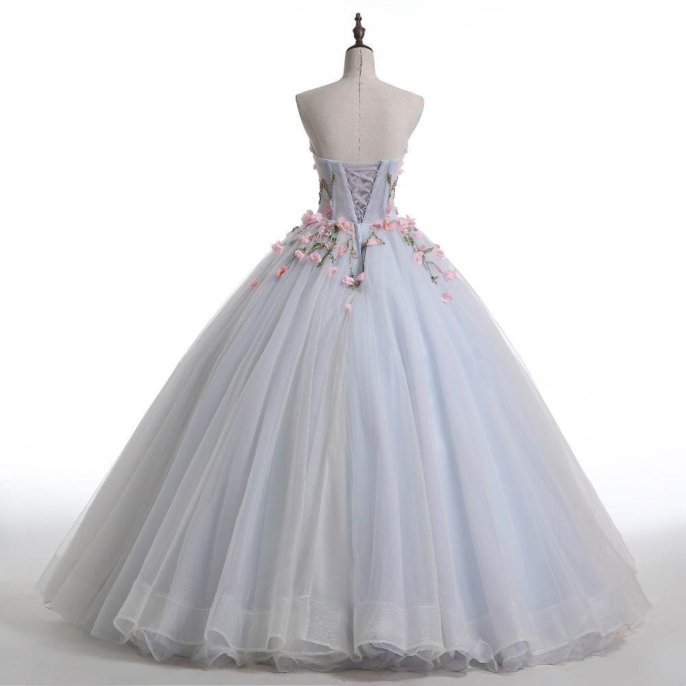 Light Blue Sweethart Flowers Ball Gown Formal Dress, Blue Sweet 16 Dress