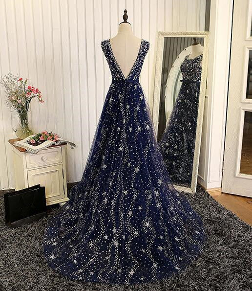 Shiny Navy Blue Tulle Long Formal Dress, Blue Prom Dress Evening Gown Shiny Navy Blue Tulle Long Formal Dress, Blue Prom Dress Evening Gown
