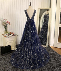 Shiny Navy Blue Tulle Long Formal Dress, Blue Prom Dress Evening Gown