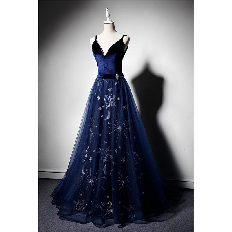 Beautiful Navy Blue Straps Velvet Long Prom Dress, Tulle Blue Evening Gown