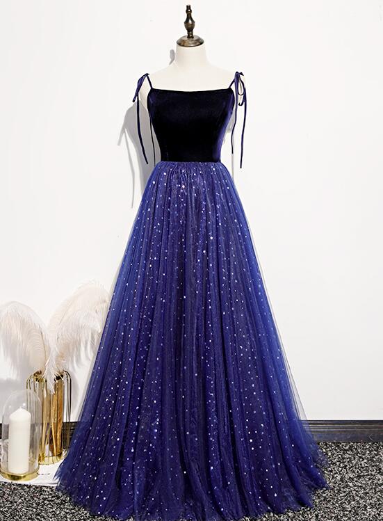 Beautiful Blue Velvet Straps Tulle Long Formal Dress, Blue Bridesmaid Dress Evening Dresses