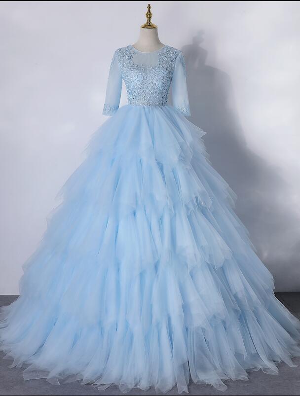 Light Blue Layers Tulle with Lace Princess Gown, Short Sleeves Ball Go ...