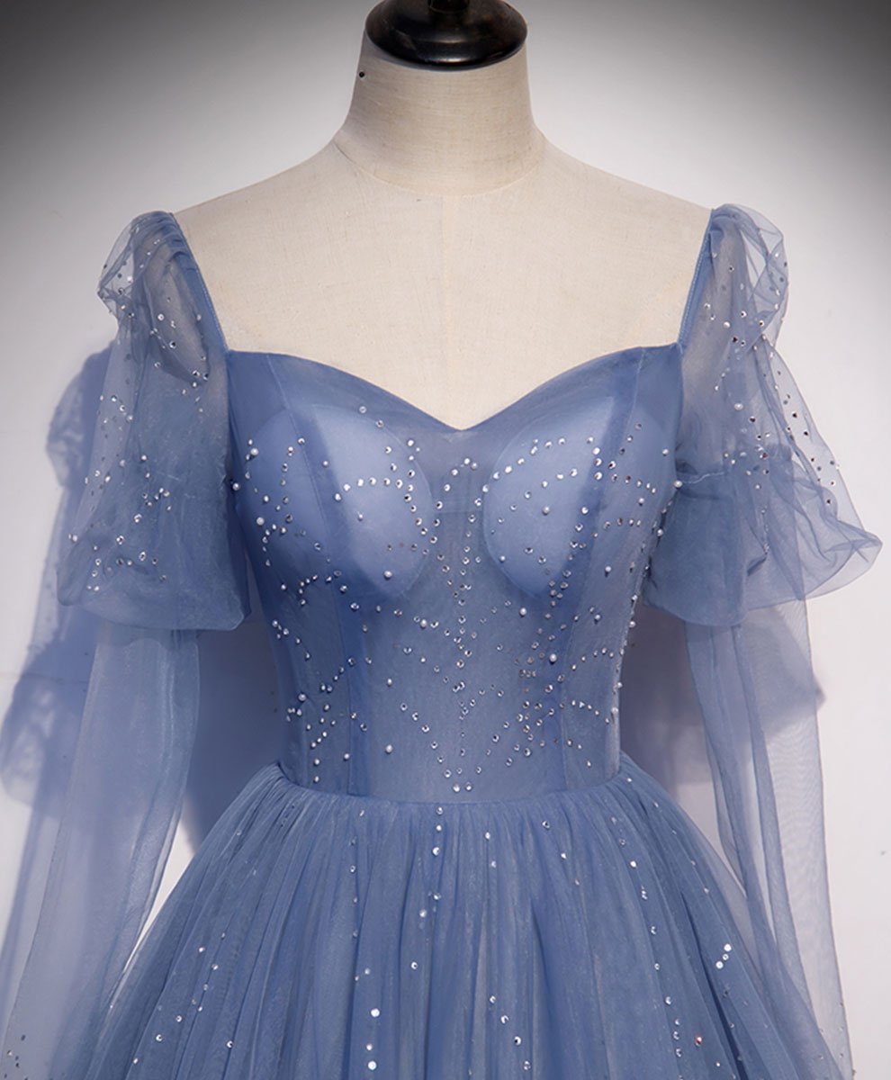 Blue Tulle Long Sleeves Beaded Princess Formal Dress, Blue Evening Gown